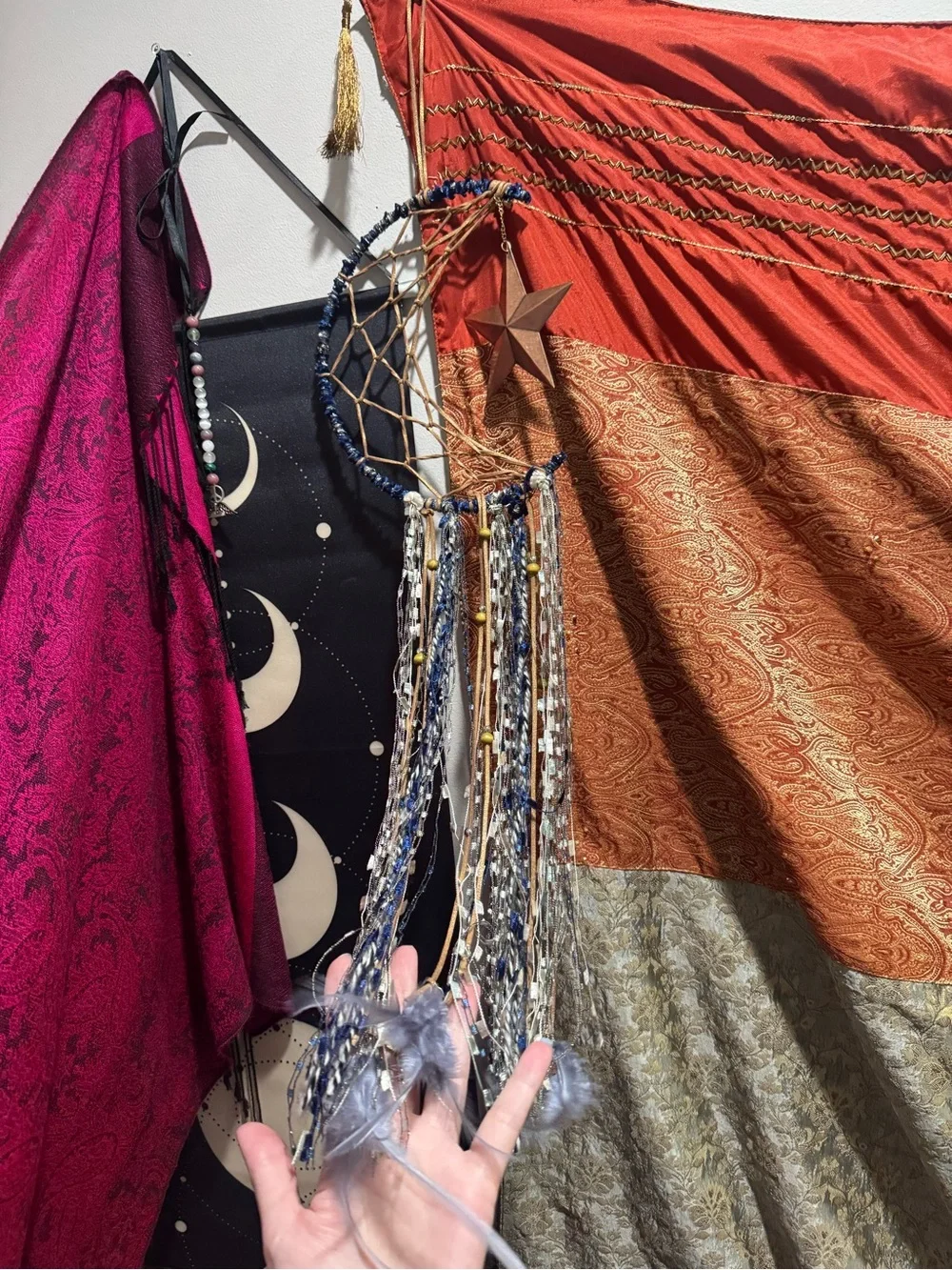 Boho Crescent Moon Wall Hanging with Copper Star - Navy and Tan